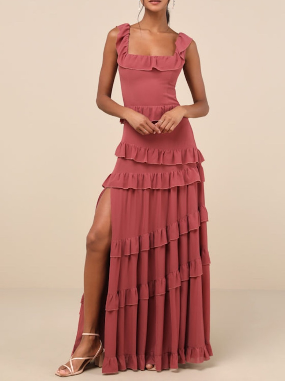 NWT Lulus Compelling Romantic Rusty Rose Ruffled Tiered Maxi Dress Pink